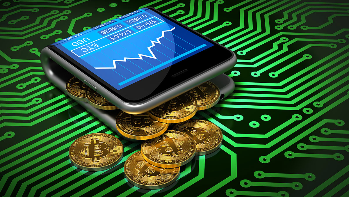 Concept of digital wallet and bitcoins on green printed circuit board